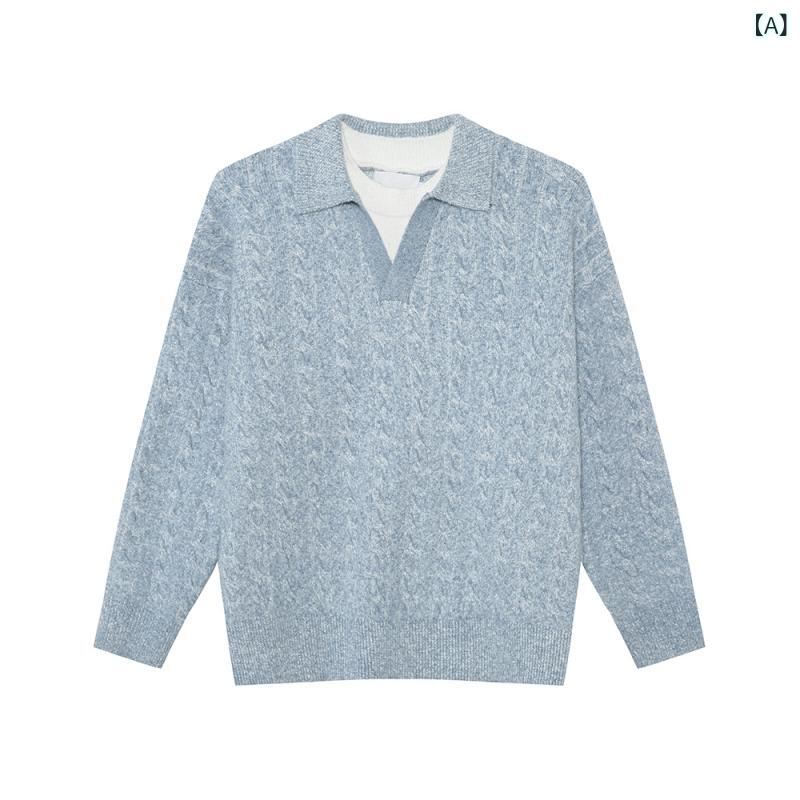 MTLCLOTHES メンズ | 秋の新 商いもの 韓国 版偽 2 枚 襟 プルオーバーニットカップル ゆるい スウェーター