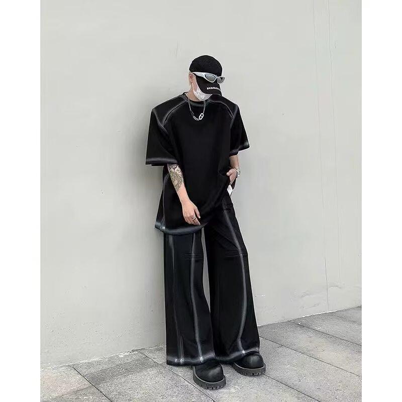 朱夏 欧美ins 潮牌 ????感 ?肩 短袖 T恤 男 款 套装 痞? 炸街 微喇 ? 一套