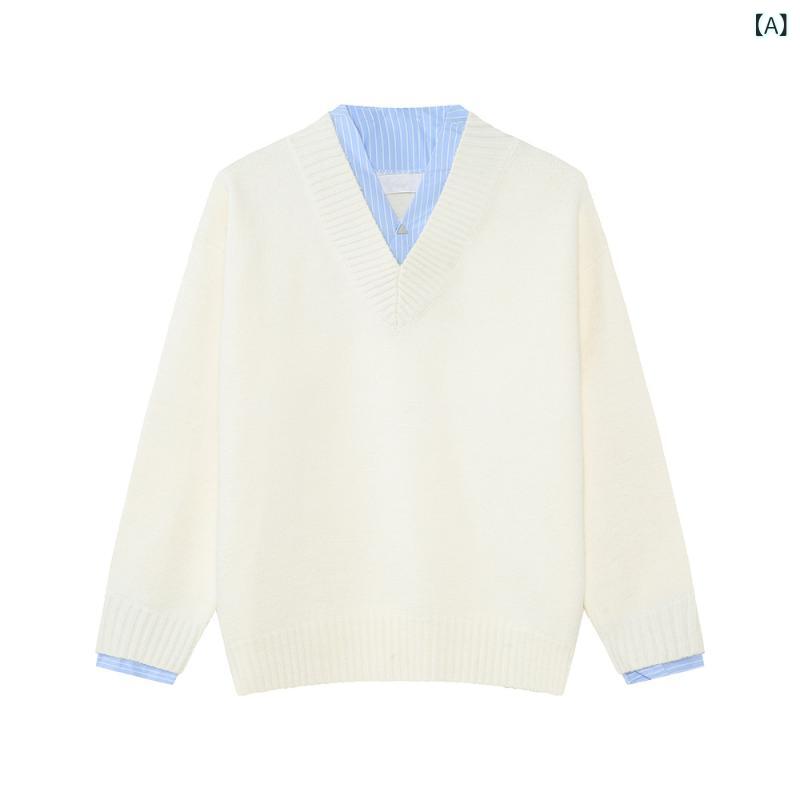 MTLCLOTHES メンズ | 秋の新 商いもの 韓 系 v のど首 ぶつかり合う 色偽 二 枚 便便たるな 心地よい 編み物