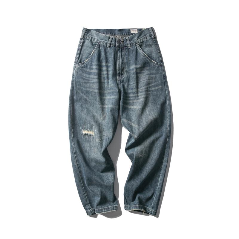 牛仔? 男 日系 工装 直筒 ?松 磨破 水洗いする 中腰 ?扣 ?襟 牛仔布 棉 80% 口袋装? 藍