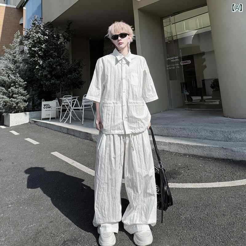韓 系小 衆 男 服 春 夏 新作 御膳上等 感 純 色 シワ 半袖 ティーシャツ 心地好い 長 ズボン 2 点 書き割り