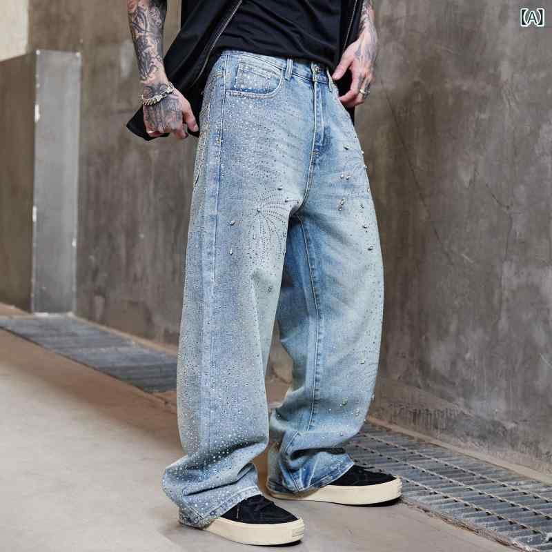 アメリカン ご機嫌 ストリートフルダイヤモンドデザインジーンズメンズ 耳あたらしい トレンディな ブランド名 ルー ズストレートウォッシュビーズメンズカジュアルパンツ