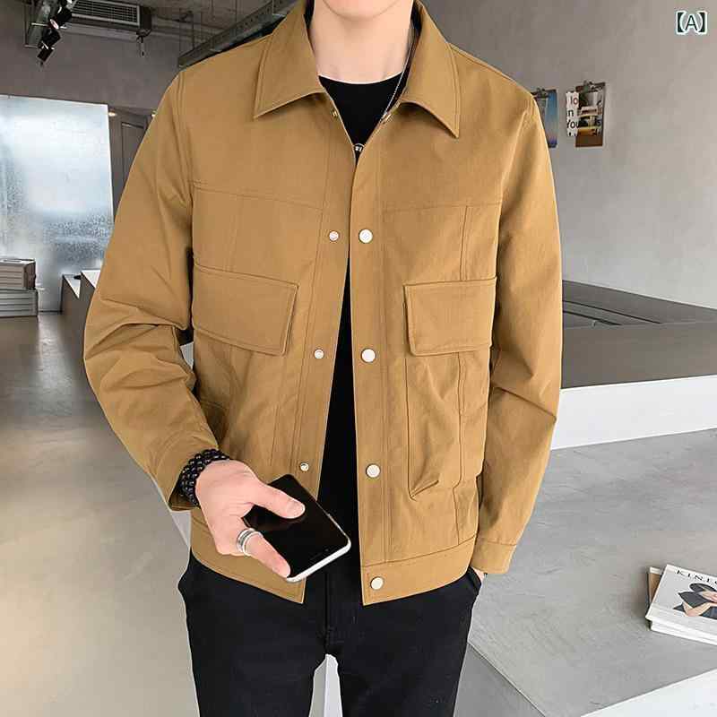 2023 男性 純 色 長袖 シャツ コート 韓国 版 シンプル 流行 工 装 ジャケット 青少年大 ポケット コート｜フォークBR
