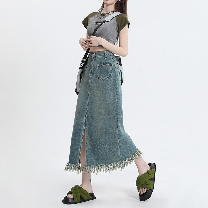 ジーンズスコート レディース 心地よい レトロ フリンジ うつり変わり ボトムス 着痩せ ミモレ丈 春夏 秋 レトロブルー