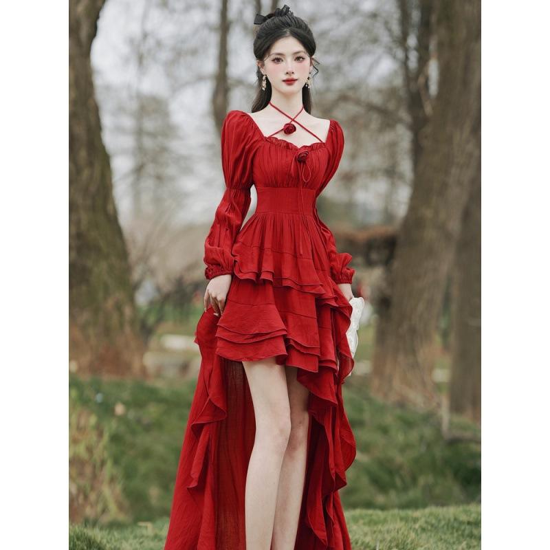 vestidos vintage de corte irregular com cintura marcada e decote quadrado manga comprida moda de manga comprida para primavera
