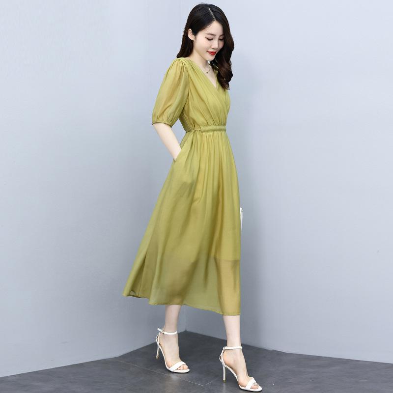 Vネック パフスリーブ Aラインワンピース レディース 長袖 きれいめ 上品 大人 女性らしい エレガント 通勤 オフィス カジュアル シンプル 着痩せ 細見え 普段使い お出かけ デート 爽やか 夏用 涼しい 快適 Tencel Lyocell fib｜フォークBR