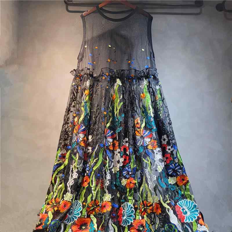 ワンピース レディース 2025春夏 異素材切り替え 重ね着風 刺繍 ゆったりシルエット 膝丈 ブラック系|フォークBR