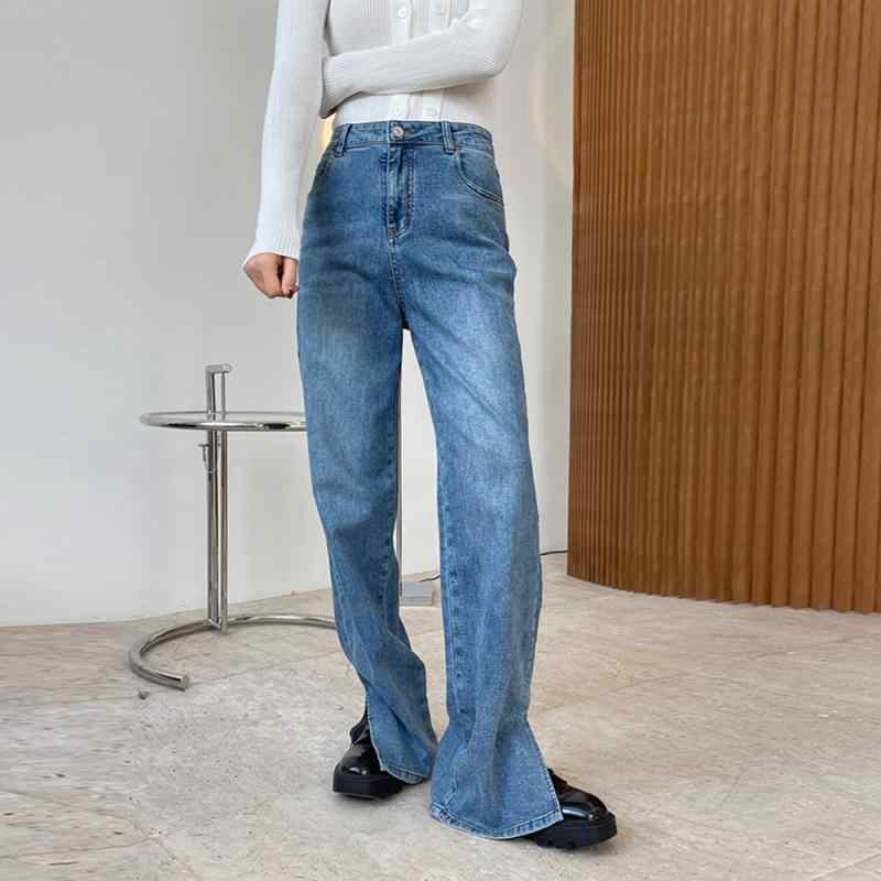 デニムパンツ レディース ハイウエスト ストレートパンツ 美脚 センタープレス 細見え ロングパンツ 春服 カジュアル 普段使い 岡山デニム 綿｜フォークBR