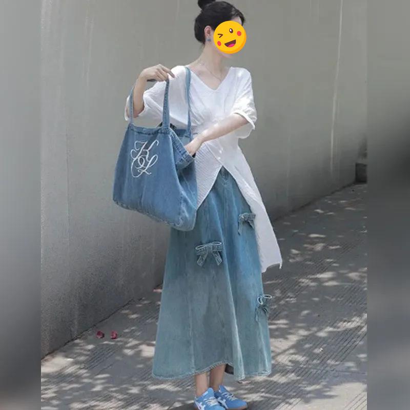 トップス デニムスカート セットアップ 2025年 夏服 レディース 小清新 アシンメトリー チュニック風 上衣 ハイウエスト ミディ丈 Aライン フレアシルエット 5分袖 カジュアル きれいめ 上品 フェミニン エレガント 通勤 通学 普段使い お出か｜フォークBR