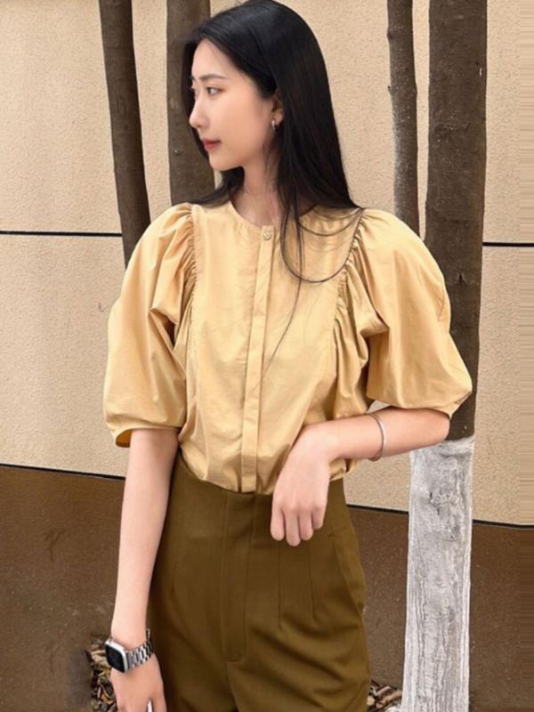トップス レディース 半袖 綿混 ベージュ 黒 M L XL|フォークBR
