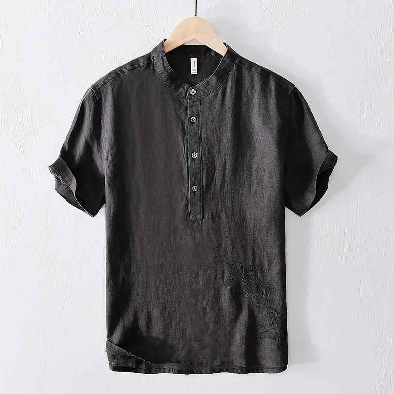 Tシャツ メンズ 麻 半袖 刺繍 中国文化 ベージュ｜フォークBR
