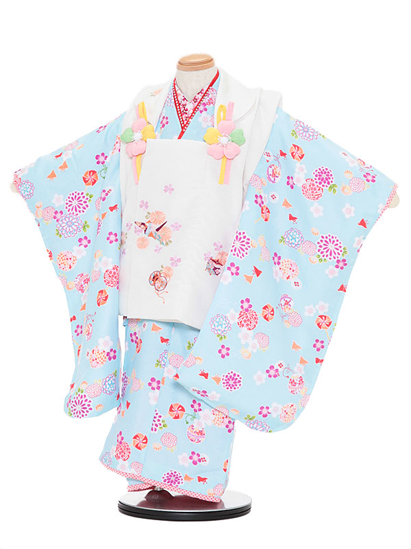 【レンタル】七五三レンタル 女の子 3歳着物フルセット R・KIKUCHI 水色着物×白色被布 折り鶴 被布セット 子供着物 貸衣装 ブランド 3067