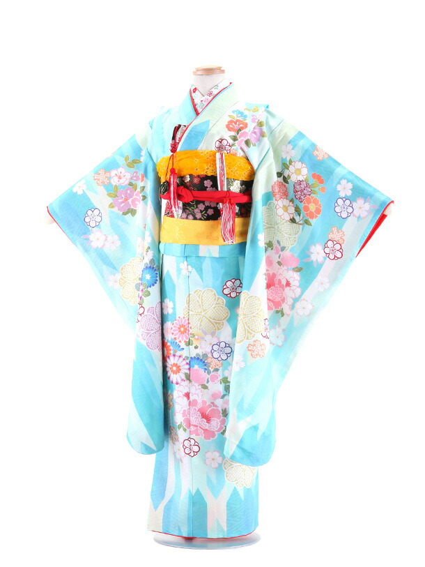 【レンタル】七五三 ７歳着物レンタル KAGURA 水色地 牡丹に絞り小花 フルセット貸衣装 女の子 753着物 レンタル 七五三着物 結び帯 着物セット 子供着物 お正月 ひな祭り 結婚式 753 キッズ着物 七五三レンタル きもの ブランド 3016