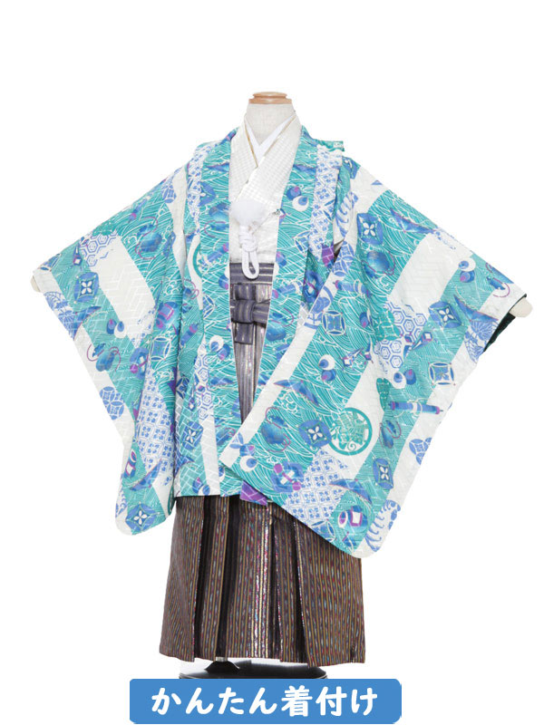 【レンタル】七五三[簡単着付け] 着物 (5,6歳男袴)白地小槌絵巻柄 おりびと 七五三レンタル 5才男児フルセット 110c,-120cm 0AOT549(5192)｜マタニティ子供喪服レンタルＨ＆Ｈ