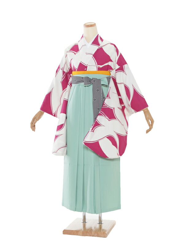 【レンタル】袴レンタル 卒業式セット 二尺袖 白地に赤ねじり菊×白 153～158cm 卒業袴 謝恩会 卒業式袴レンタル 女性用袴 大人用 着物レンタル 女袴 卒業袴レンタル はかまレンタル 卒業式はかま レディース きものレンタル 大学 専門学校 女性和装 レトロモダン 貸衣装