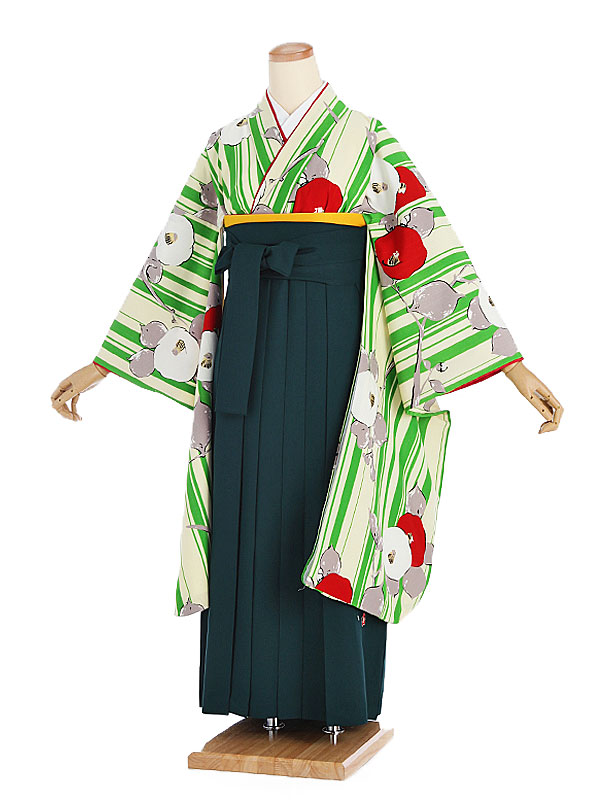 【レンタル】袴レンタル 袴 セット 卒業式 女性 九重 緑椿柄×緑袴 150～155cm 卒業袴 謝恩会 卒業式袴レンタル 女性用袴 大人用 着物レンタル 大学 専門学校 女性和装 レトロモダン 貸衣装 ブランド