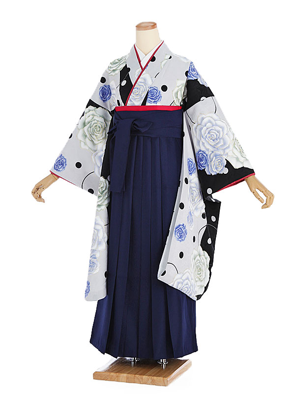 【レンタル】袴レンタル 袴 セット 卒業式 女性 グレー薔薇柄×紺袴 153～158cm 卒業袴 謝恩会 卒業式袴レンタル 女性用袴 大人用 着物レンタル 大学 専門学校 女性和装 モードクール 貸衣装 小振袖