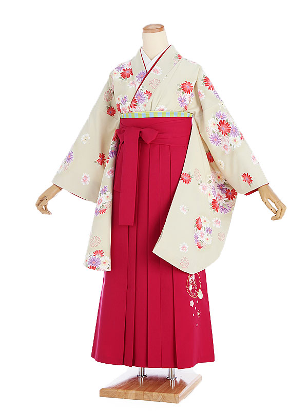 【レンタル】袴レンタル 袴 セット 卒業式 女性 ベージュ コスモス柄×ピンク袴 150~155cm 卒業袴 謝恩会 卒業式袴レンタル 女性用袴 大人用 着物レンタル 大学 専門学校 女性和装 クラシック 貸衣装