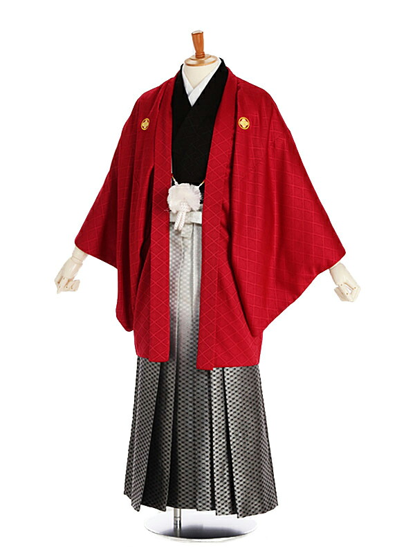 【レンタル】男性袴レンタル 紋付き袴 赤着物 黒 紋丸に鷹羽&times;白黒ぼかし 160～165cm 成人式 メンズ 袴 卒業袴 男性用袴 学生 男 袴セット 男袴大人用 着物レンタル 男性和装 貸衣装 0002 tk｜マタニティ子供喪服レンタルＨ＆Ｈ