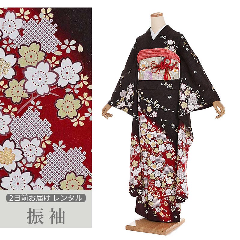 【レンタル】[成人式 振袖 レンタル] 正絹 黒 桜 ラメ入り 着物レンタル |成人式振袖レンタル |着物 レンタル|新品足袋プレゼント|振袖フルセット|成人式振袖|振袖 草履 バッグ セット 袋帯|二十歳の集い|女性 晴れ着 160cm 163cm 貸衣装 振り袖 振りそで 0176 tk｜マタニティ子供喪服レンタルＨ＆Ｈ