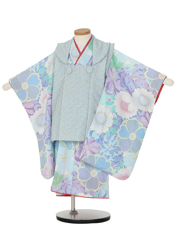 【レンタル】七五三レンタル 女の子 3歳着物セット 水色 桜と菊 麻の葉 パステルブルー くすみカラー 90cm/95cm/100cm 753着物 レンタル753 被布セット 子供着物 貸衣装 七五三 着物 フルセット 3歳 新品足袋プレゼント 往復送料無料 0APY306｜マタニティ子供喪服レンタルＨ＆Ｈ