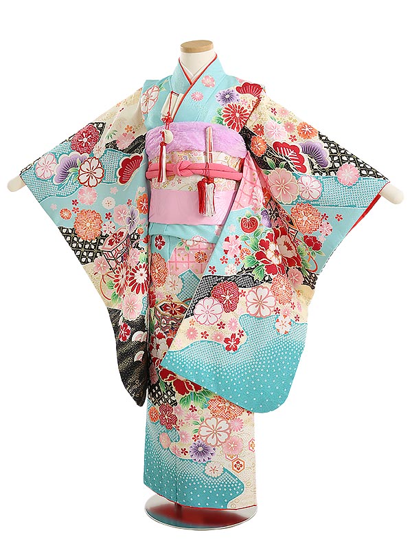 【レンタル】七五三 7歳 着物 レンタル 牡丹 菊 桜 水色 フルセット 753着物 七五三着物 着物セット 足袋プレゼント 貸衣装 女の子 子供着物 お正月 ひな祭り 結婚式 753 キッズ着物 七五三レンタル きもの 結び帯 7歳 清楚 可憐 古典 Y761|マタニティ子供喪服レンタルH&H