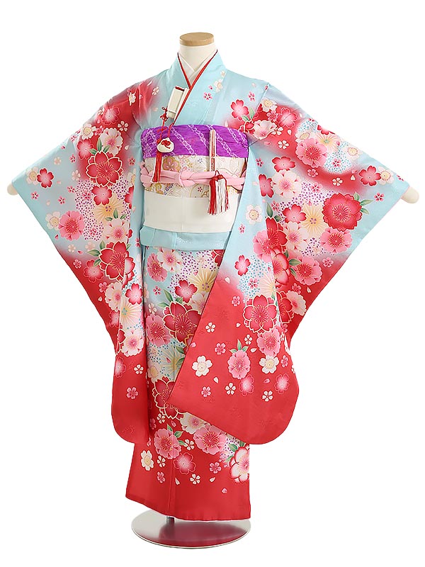 【レンタル】七五三 7歳 8歳 着物 レンタル 桜 菊 牡丹 水色 フルセット 753着物 七五三着物 着物セット 足袋プレゼント 貸衣装 女の子 子供着物 お正月 ひな祭り 結婚式 753 キッズ着物 七五三レンタル きもの 結び帯 7歳 上品 正統派 古典 赤 グラデーション Y764|マタニティ子供喪服レンタルH&H
