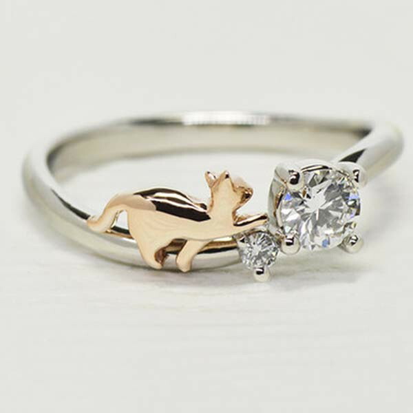 指輪 猫 プラチナ950 ダイヤモンド ピンクゴールド『猫の招きリング』Pt950 k18 誕生日 プレゼント 結婚記念日 4月の誕生石