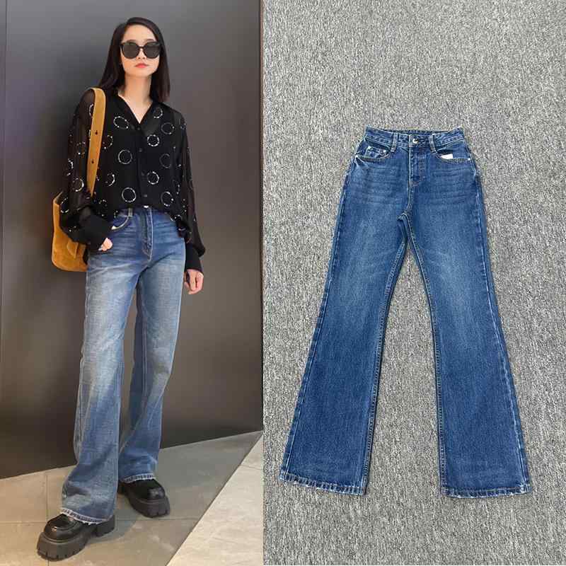 デニムパンツ レディース フレア ハイウエスト 単品 ブルー ロング丈 カジュアル 無地 シルエット 定番 ベーシック シンプル デイリー スタンダード 10分丈 ナチュラル デイリー 着回し 普段使い お出かけ|mandarino