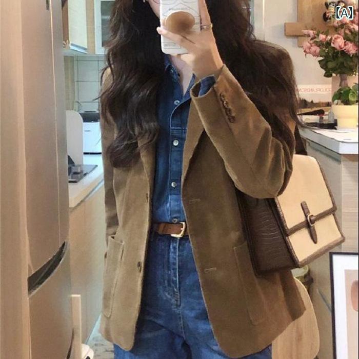 テーラードジャケット レディース コーデュロイ アウター 秋服 冬服 ショート丈 無地 ポケット付き 通勤 通学 カジュアル きちんと感 シンプル 羽織り 重ね着しやすい 暖かい 柔らかい 軽い 普段着