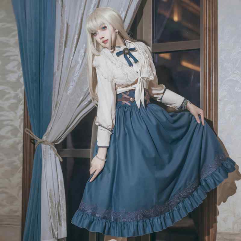 セットアップ レディース ロリータ 甘ロリ ゴスロリ クラシカル フリル リボン フレアスカート パフスリーブ 上下セット トップス スカート かわいい おしゃれ お出かけ イベント 衣装 コスプレ カジュアル フェミニン ガーリー シンプル