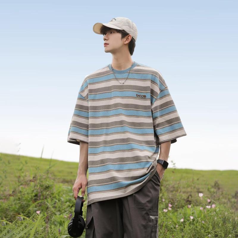 Tシャツ メンズ 半袖 ボーダー クルーネック カットソー カジュアル ストリート レトロ ゆったり シンプル ベーシック リンクコーデ 定番 おしゃれ ファッション スタンダード リラックス プルオーバー
