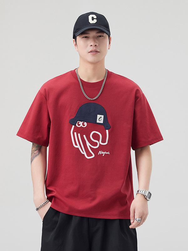Tシャツ メンズ 半袖 タコ イラスト プリント 刺繍 クルーネック 丸首 プルオーバー カジュアル ストリート ファッション スタンダード ベーシック シンプル 定番 普段使い 部屋着 リラックス 定番アイテム