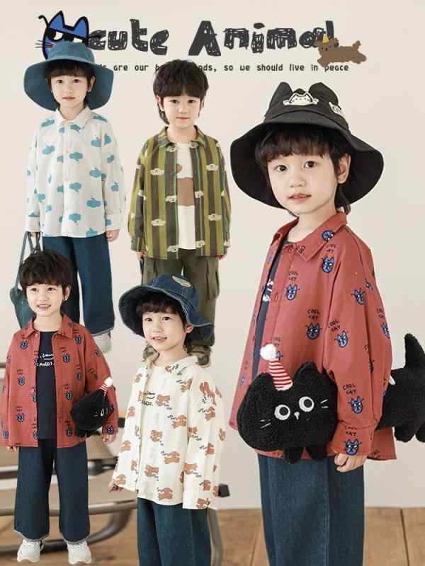 シャツ 男児 キッズ 子供服 長袖 襟付き プリント カジュアル リラックス シンプル ベーシック スタンダード 定番 普段着 通園 通学 お出かけ 男の子 ジュニア 柔らかい ゆったり