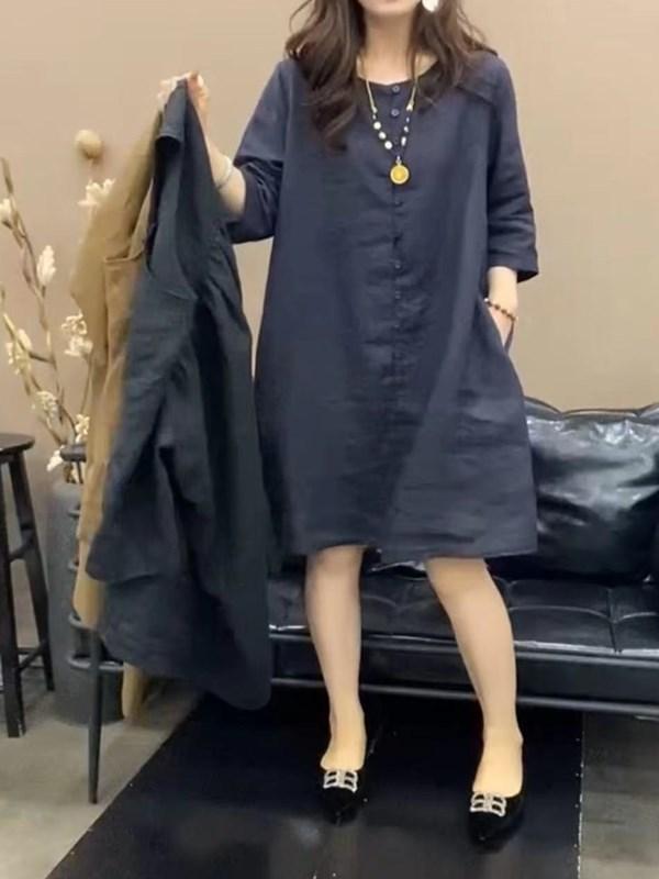 ワンピース レディース ミモレ丈 クルーネック ゆったり カジュアル お出かけ シンプル 半袖 無地 Aライン 膝下 普段使い 旅行 春夏 リゾート ポケット付き ロング 重ね着 体型カバー スリット 裏地なし 薄手 軽い