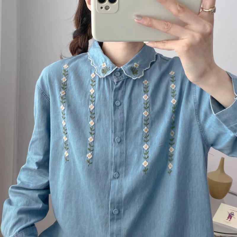 デニムシャツ レディース 長袖 刺繍 フリル襟 カジュアル シンプル ベーシック 定番 きれいめ 大人かわいい 羽織り ウォッシュ加工 ワークシャツ スタンダード リラックス