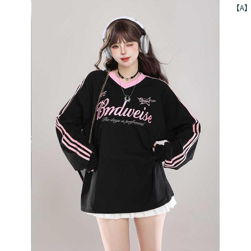 長袖Tシャツ レディース Vネック ボーダー トップス カットソー 配色 切り替え レトロ ゆったり カジュアル プルオーバー 体型カバー 重ね着風 春秋 スポーティ おしゃれ ゆったりシルエット