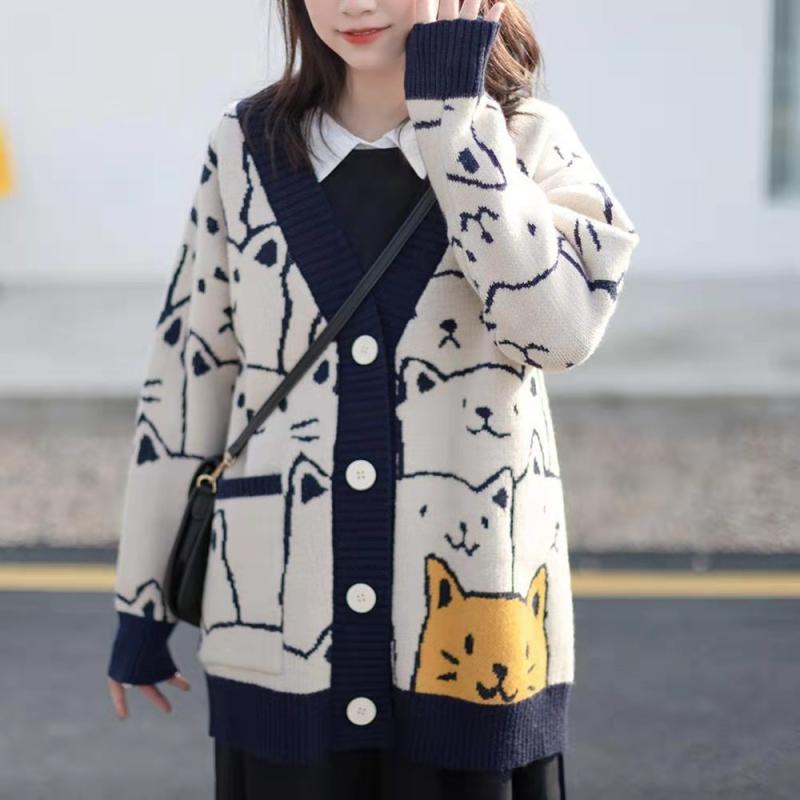 カーディガン レディース ゆったり 羽織り 前開き ニット 長袖 カジュアル かわいい 総柄 プリント シンプル ベーシック リラックス おしゃれ 普段使い 定番