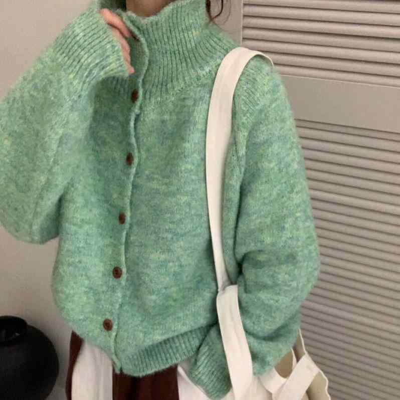 カーディガン レディース ニット ハイネック 前開き 羽織り 無地 ゆったり カジュアル きれいめ シンプル リラックス スタンダード ベーシック 定番 オフィスカジュアル デイリー 大人 長袖 ボタン