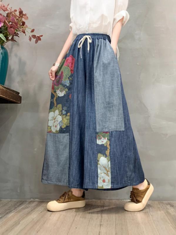 デニムパンツ ワイドパンツ ハイウエスト レディース フラワーパッチワーク アップリケ ゆったり ストレート カジュアル デイリー デニム ボトムス ロング丈 おしゃれ ジーパン 体型カバー 大きいサイズ お出かけ