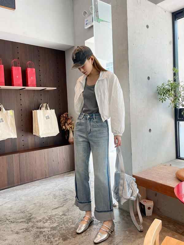 デニムパンツ レディース ストレート ロング丈 ウォッシュ加工 配色 ロールアップ裾 美脚見え 大人カジュアル デイリー ボトムス