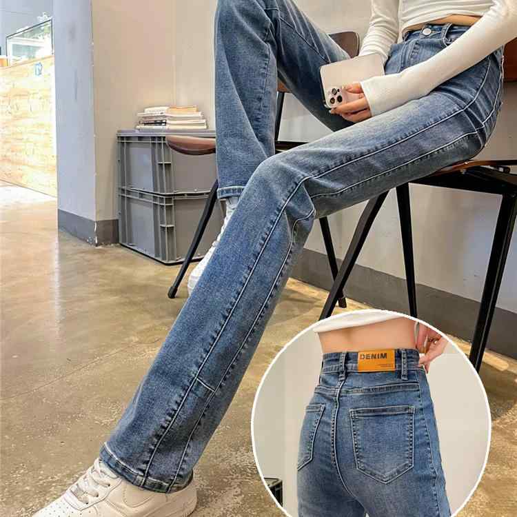 デニムパンツ レディース 裏起毛 秋冬 ハイウエスト ストレート ワイド 落ち感のあるシルエット 脚長効果 ロング丈 フルレングス カジュアル 防寒 暖かい ボトムス 体型カバー ゆったり 美脚