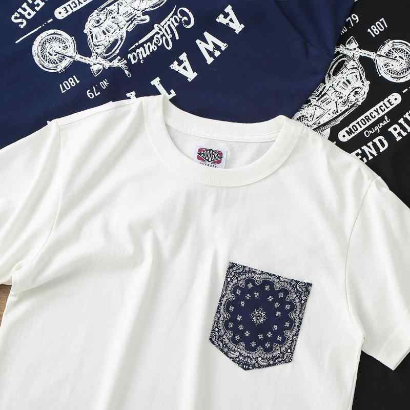 Tシャツ メンズ 半袖 プリント ポケット付き アメカジ ペイズリー柄 グラフィック クルーネック ヘビーウェイト カットソー バンダナ柄 バイカー ヴィンテージ風 ストリート カジュアル おしゃれ 定番 シンプル