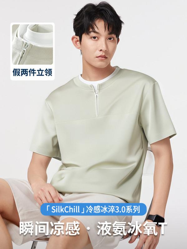 Tシャツ メンズ 半袖 スタンドカラー ハーフジップ レイヤード風 カジュアル シンプル 無地 きれいめ 定番 スタンダード リラックス 快適 プルオーバー 紳士 大人 普段使い 重ね着風