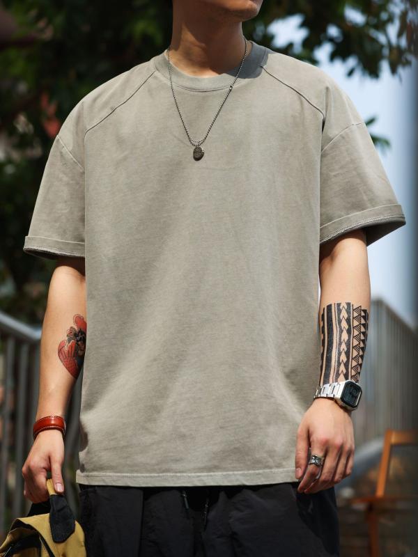 Tシャツ メンズ ラグラン 半袖 ヘビーウェイト クルーネック 無地 カジュアル ゆったり ヴィンテージ風 ウォッシュ加工 シンプル ベーシック 定番 スタンダード リラックス 丸首 ストリート