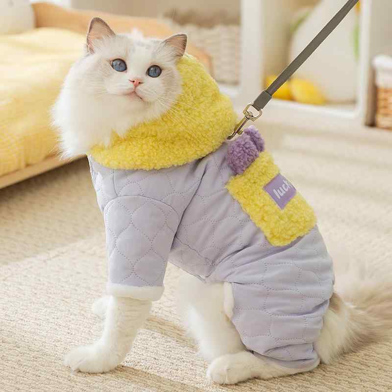 ペットウェア ペット つなぎ ロンパース フード付き キルティング リード穴付き ポケット付き シンプル ベーシック 定番 無地 カジュアル スタンダード リラックス きれいめ ウェア お出かけ 散歩 猫の服 犬の服