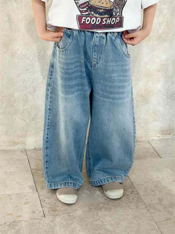 デニムパンツ キッズ 子供服 ジーンズ ジーパン ロングパンツ ボトムス 男の子 女の子 ユニセックス カジュアル ベーシック シンプル 定番 無地 リラックス ウエストゴム ウォッシュ加工