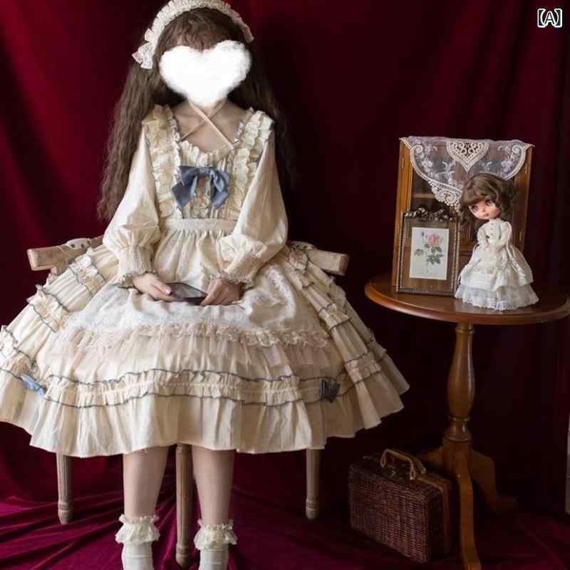 ワンピース レディース ロリータ長袖リボン膝上丈フレア スウィートガーリー シンプル カジュアル ベーシックナチュラルクラシックフェミニン普段使いギャザー切り替えラウンドネック無地単色定番