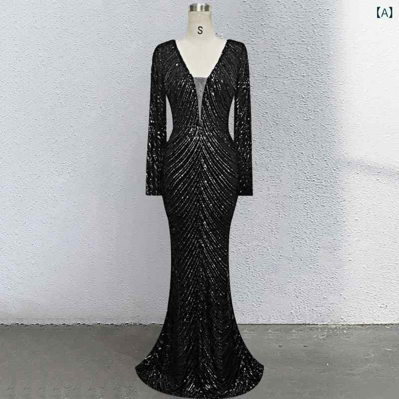 ロングドレス レディース スパンコール長袖上品 結婚式披露宴フォーマル演奏会発表会 謝恩会パーティーお呼ばれ シンプルナチュラル スタンダードベーシック