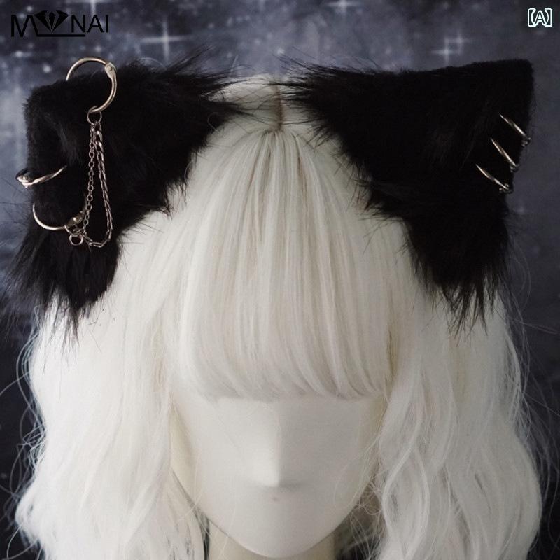 ヘアクリップ レディース 猫耳 ロリータ チェーン レッド コスプレ髪飾りヘッドドレスゴシックダークハロウィンイベント文化祭撮影仮装サークルアクセサリーシンプル定番スタンダードナチュラルカジュアル